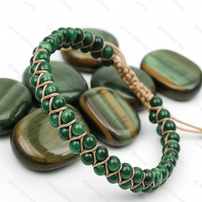 TEMU Adjustable Handmade Women's Bohemian Tiger Eye Stone Bracelet - Tiger Eye Beads, Double-layer Braided, Earthy Aesthetic Suitable For Vacation,