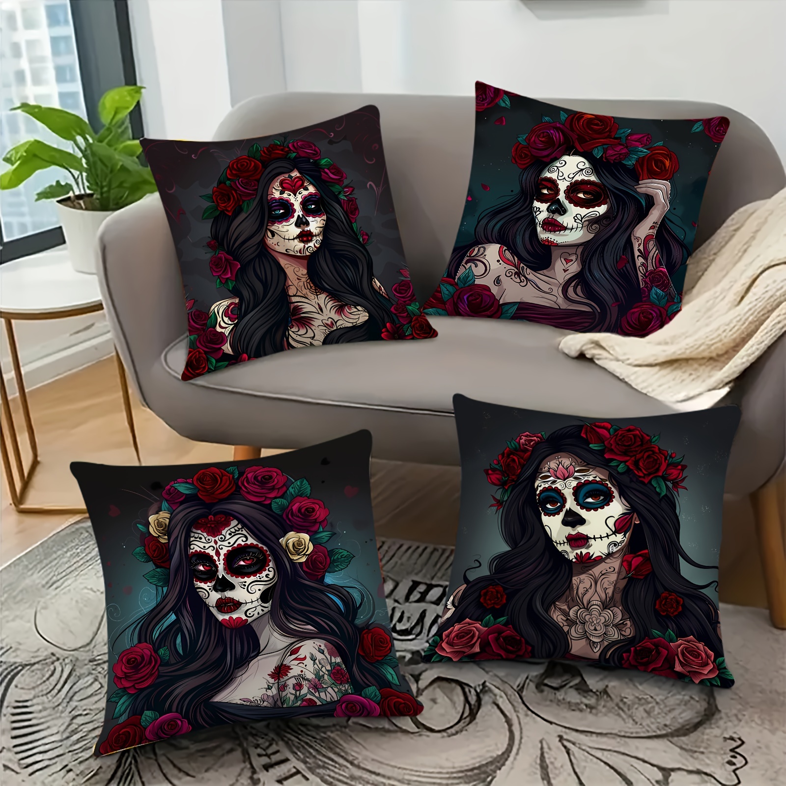 

4pcs Bride & Roses Plush Pillow Covers - 18x18 Inch, Zippered Single-sided Print, Machine Washable, Sofa & Bedroom Decor