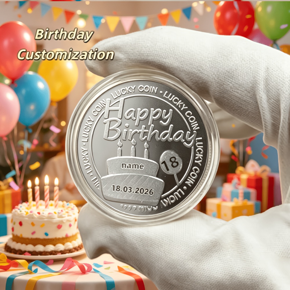 TEMU Replica Coin Personalized Happy Birthday Silvery Coin 4cm, Custom Engraved Name, Date, Age, And Cake Pattern Commemorative Coin, Unique Souvenir