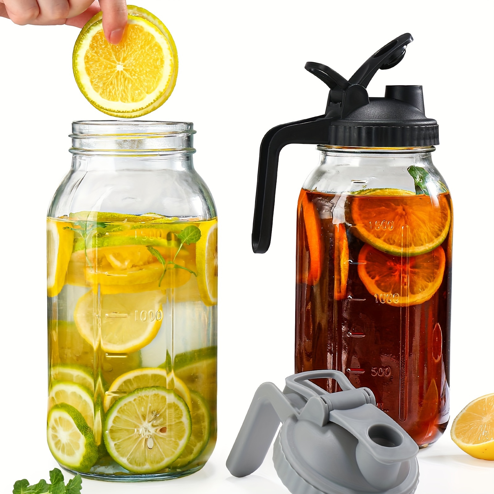 

2pcs, 64oz Glass Pitchers With Lids, Large Glass Bottles, Jar Pitcher For Iced Tea, Coffee, Juice, Glass Jars With Lids (black And Gray Lid)