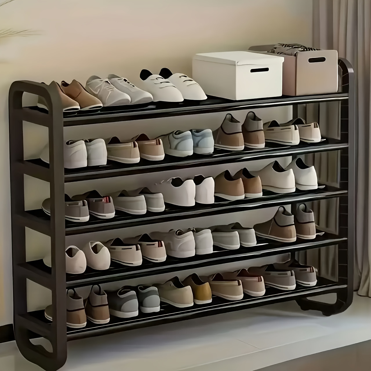 TEMU 1pc Heavy-duty Stainless Shoe Rack Suitable For Home, Large-capacity Curved Floor-standing Shoe Cabinet With Multi-tier Shelves, Narrow