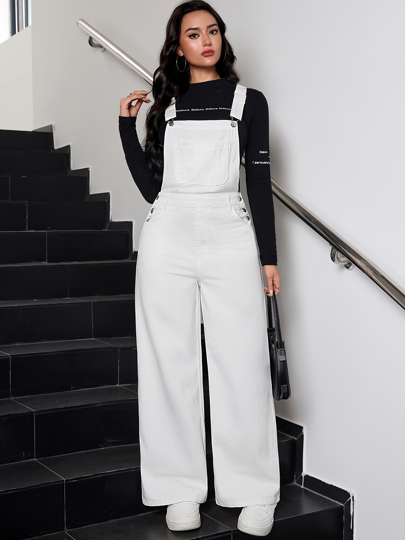 womens white fashionable elegant denim overalls details 5