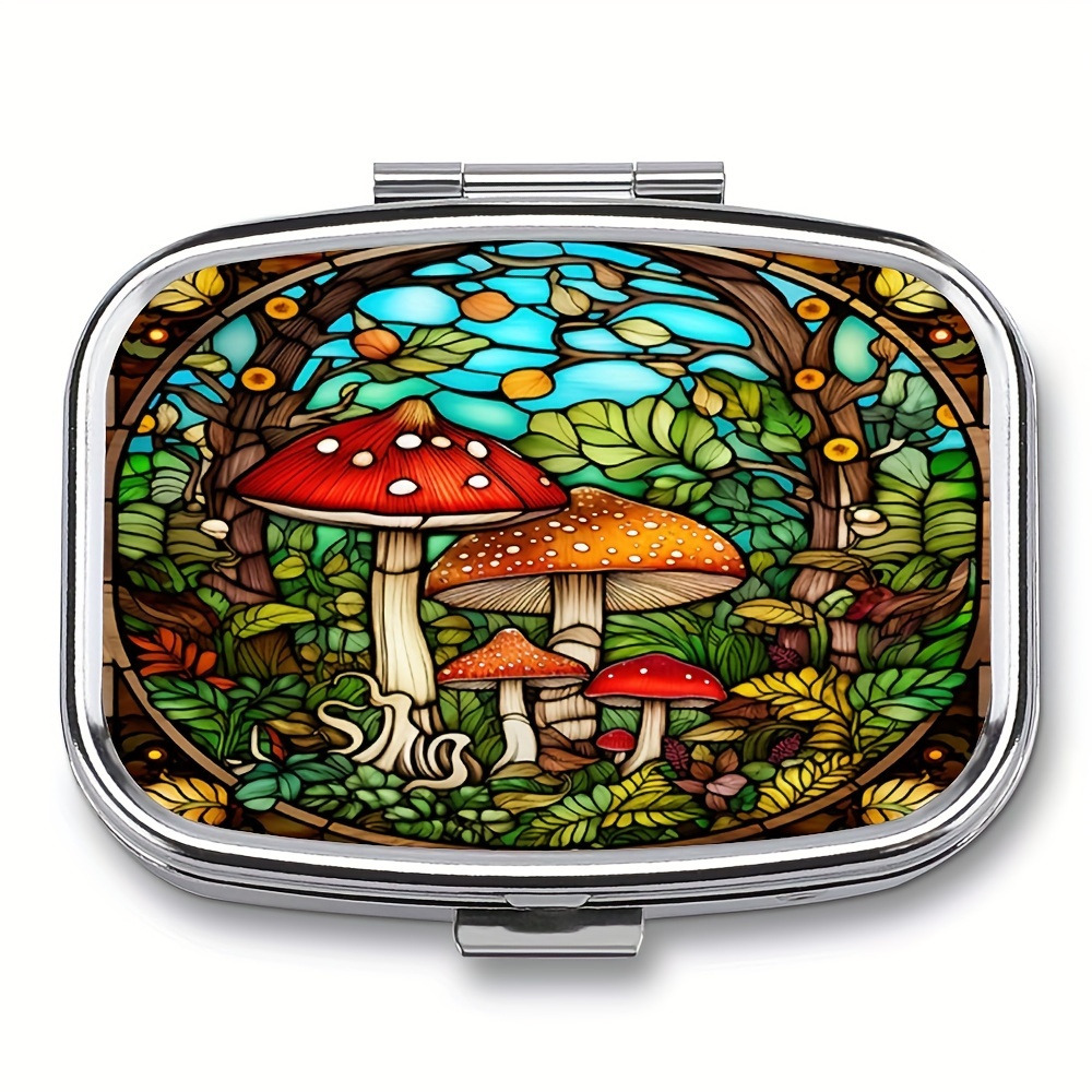 

Mushroom Garden Portable Pocket Or Wallet Pill Box With 1 Compartment And 2 Dividers - A Decorative Metal Vitamin Organizer. .