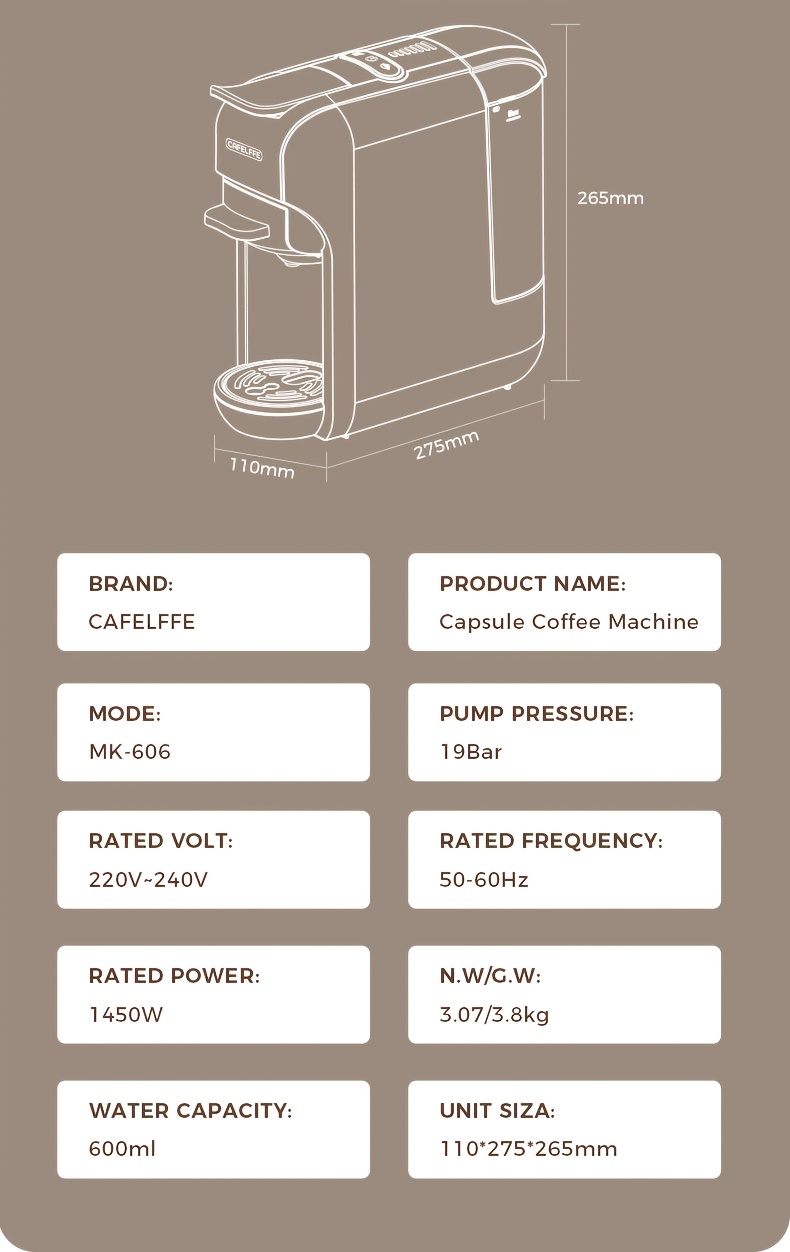 MK606 Cafelffe 5‑in‑1 Kapsel-Kaffeemaschine, 19 Bar Espresso Maker, kompatibel mit Nescafé, DG, K‑Cup & Kaffeepulver