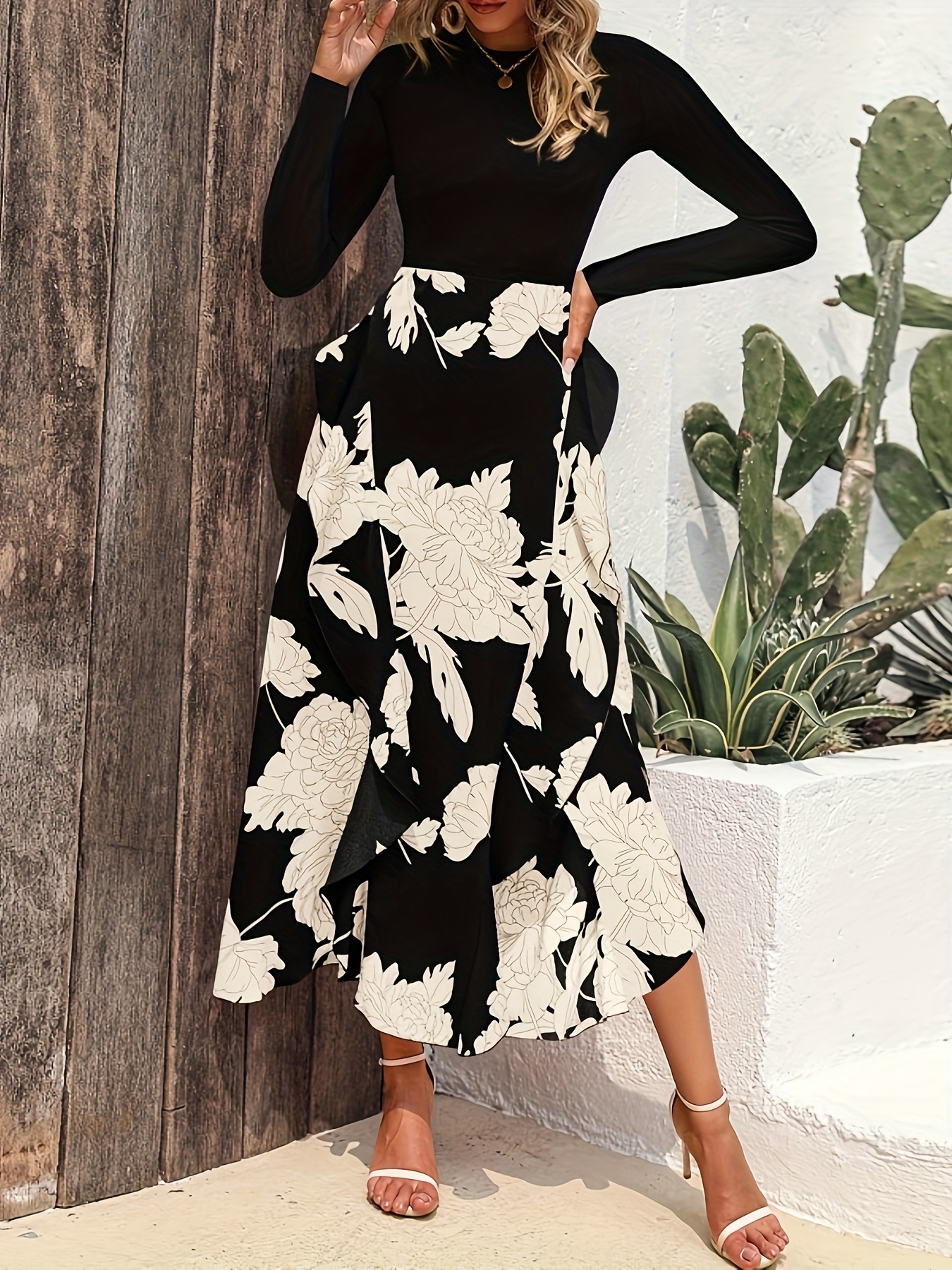 Women'S Elegant Floral maxi dress - Long Sleeve A-Line Formal & casual party gown, Black & Floral Print, for Weddings, Cocktail Events, Everyday Outfits - ZD0529107, Dresses for Wedding Guest, Wedding Guest Attire, Round Neckline, Flowy Skirt Style, Evening Wear, Lightweight Fabric, Bridal Guest Outfit