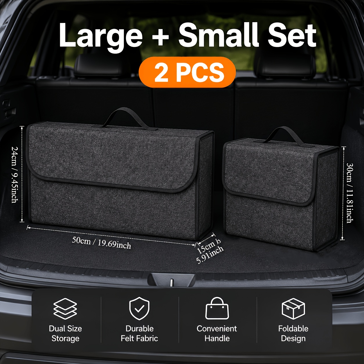 TEMU 2pcs Car Storage Box, Portable, Foldable Car Trunk Organizer, Felt Cloth Storage Box, Car Interior Stowing Tidying Container Bag, Car Organizer