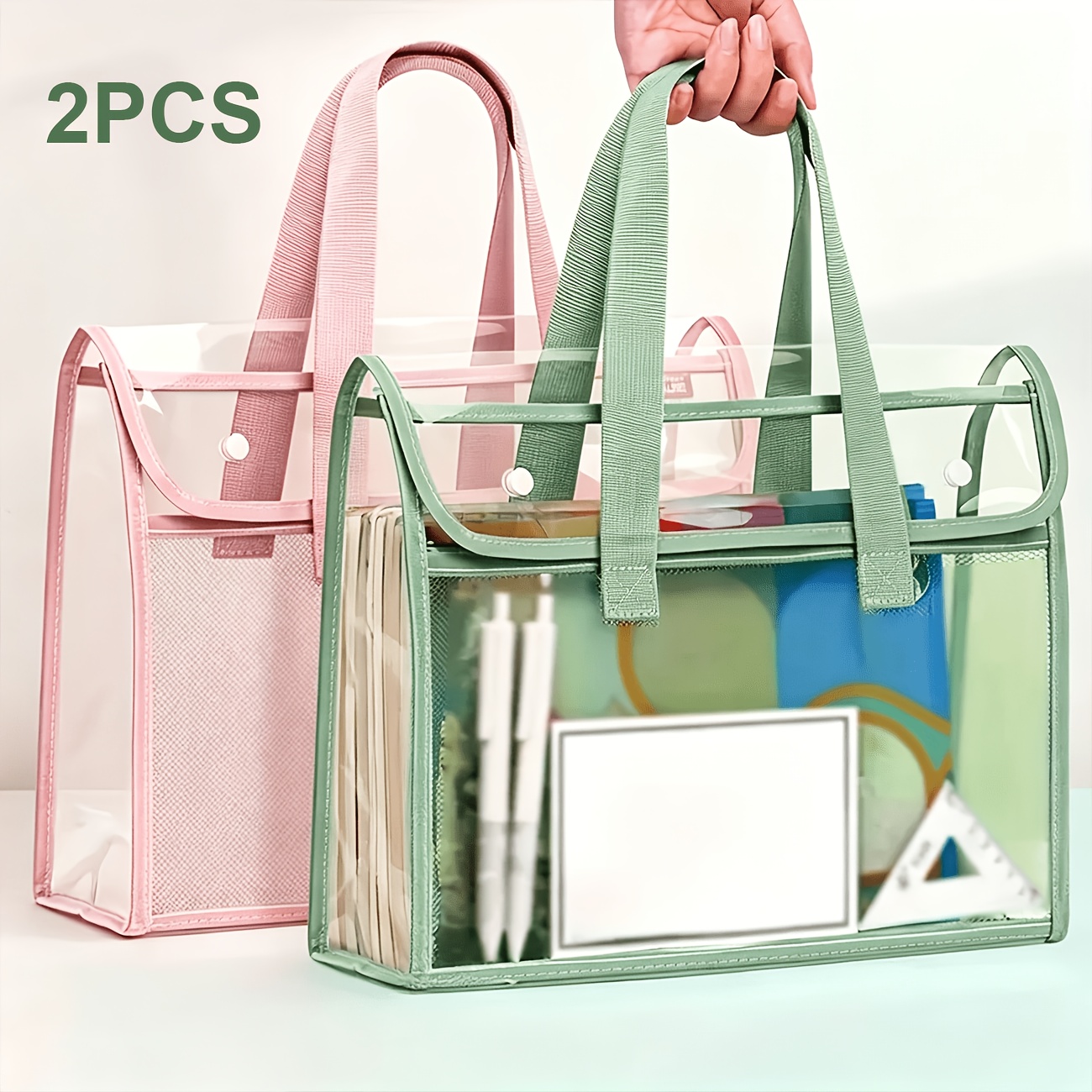 TEMU 2pcs Transparent File Storage Bags, Portable Handheld File Folders, Minimalist Style, Home And Office Document Storage Supplies
