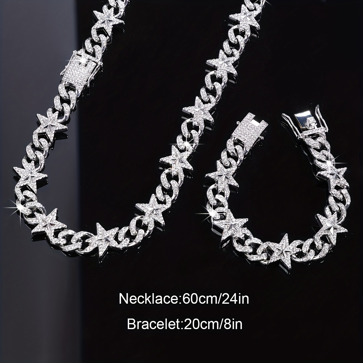 TEMU Set Of 2 Elegant Cuban Chain Jewelry, Unisex Necklace And Bracelet, Stylish Hip Hop Fashion For Men With Sparkling Accents, Ideal Gift For Your Son