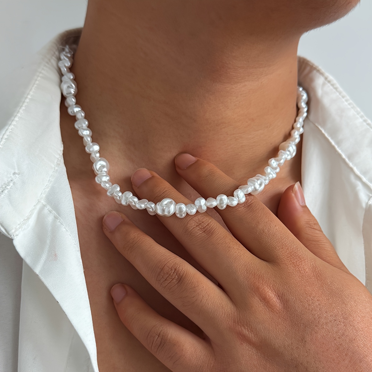 white pearl necklace elegant beaded Temu Bahrain