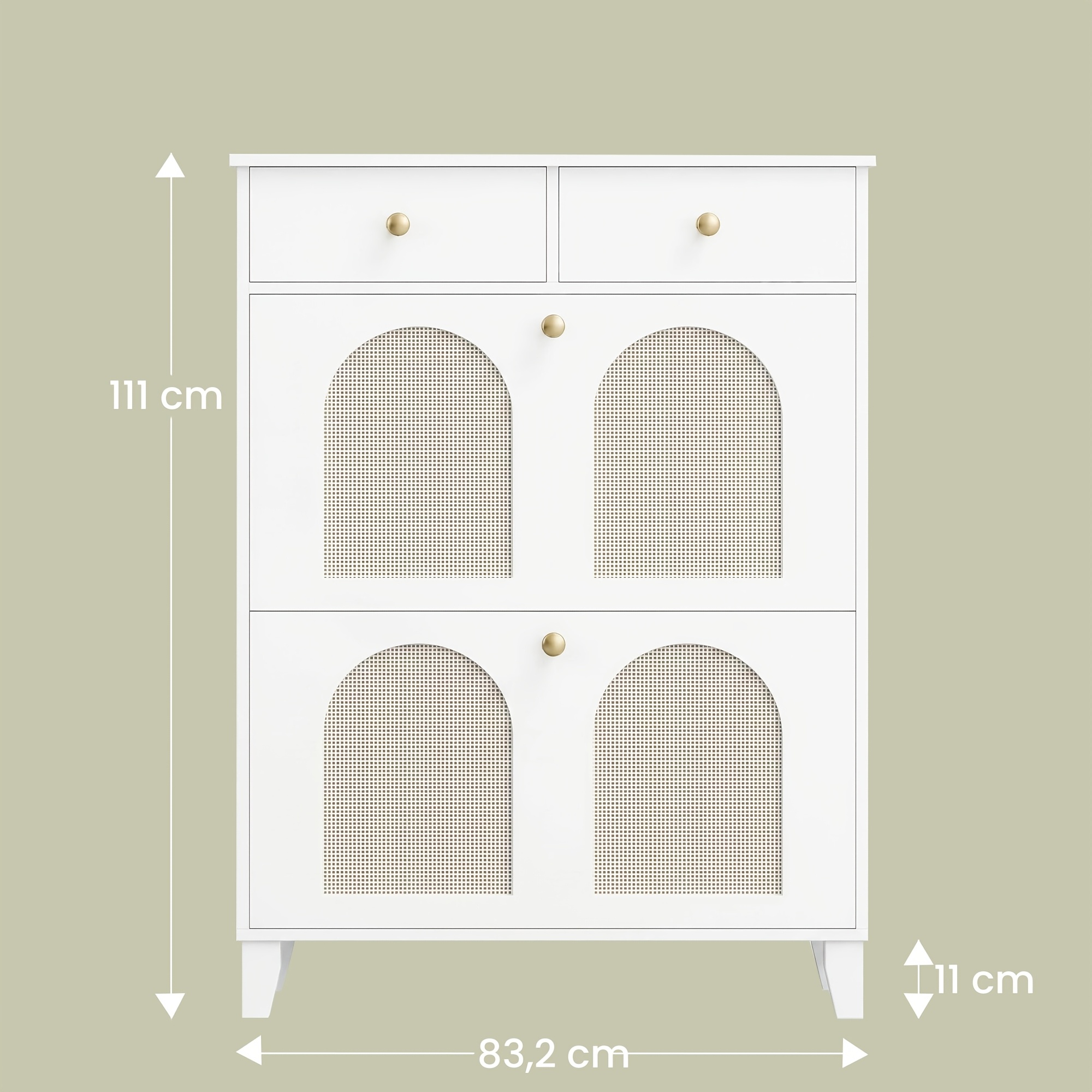 Image of White Rattan Shoe Cabinet With 2 Shoe Holders And 2 Drawers, Adjustable Shelves, Capacity 12-16 Pairs, Large Hallway Storage Cabinet