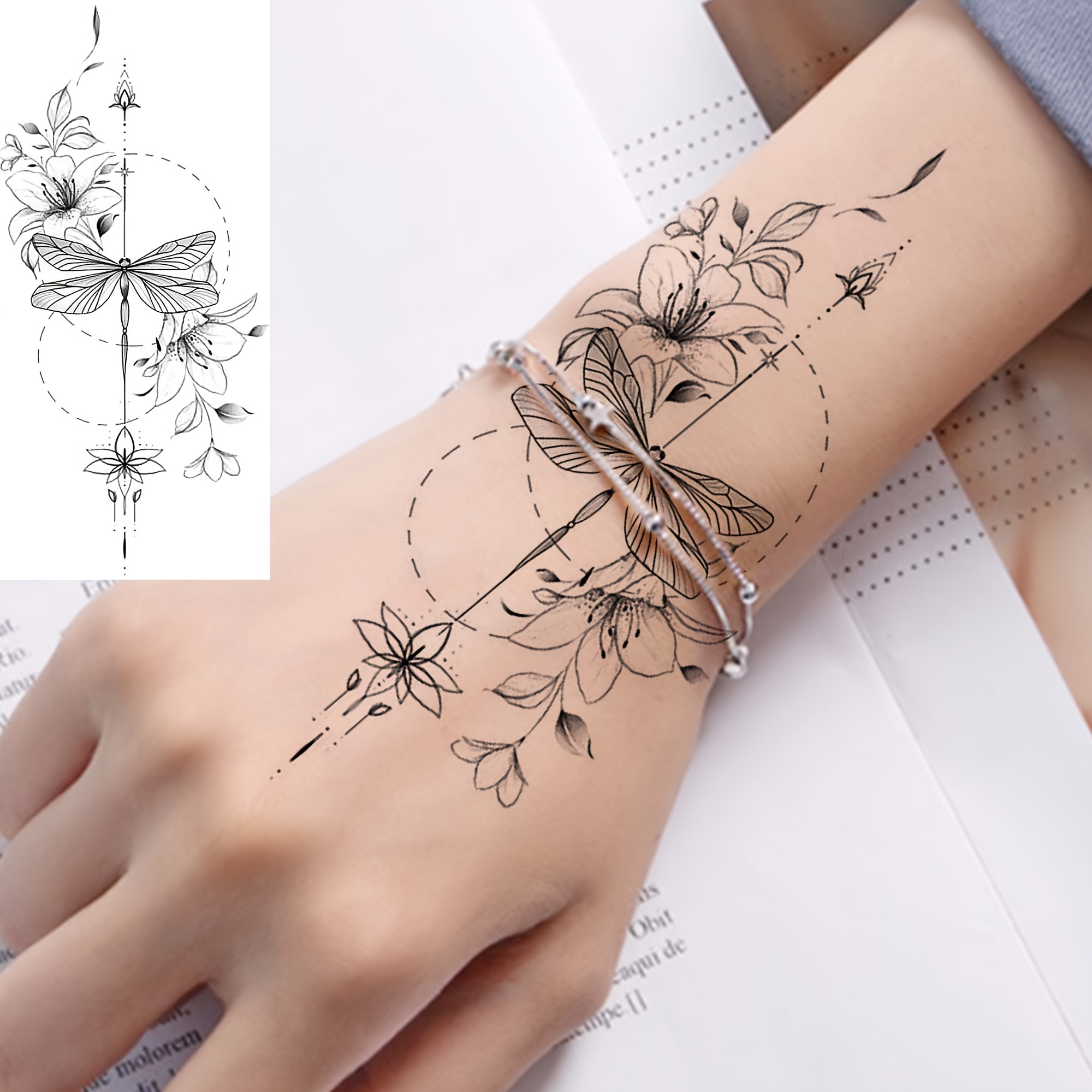A Temporary Dragonfly Tattoo For Men And Women, Suitable For Fingers, Ankles, Waist, Legs, Thighs, Forearms, And Calves. This Waterproof And Long-lasting Fake Tattoo Sticker Looks Very Realistic