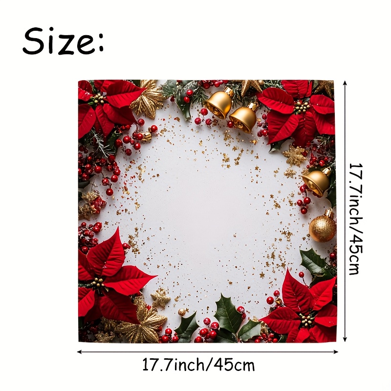 TEMU 4 pièces Serviettes en Tissu Réutilisables Élégantes Rouge & Doré Poinsettia et Feuille de Houx - Napkins Carrés Absorbants avec Accents à
