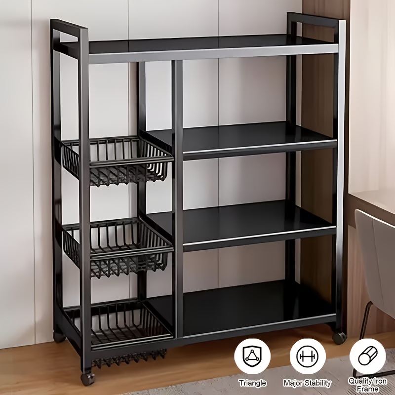 TEMU 4-tier Adjustable Vertical Kitchen Shelf | With 3 Metal Mesh Baskets, Large Capacity Storage Organizer, Wheeled, Suitable For Kitchen, Living