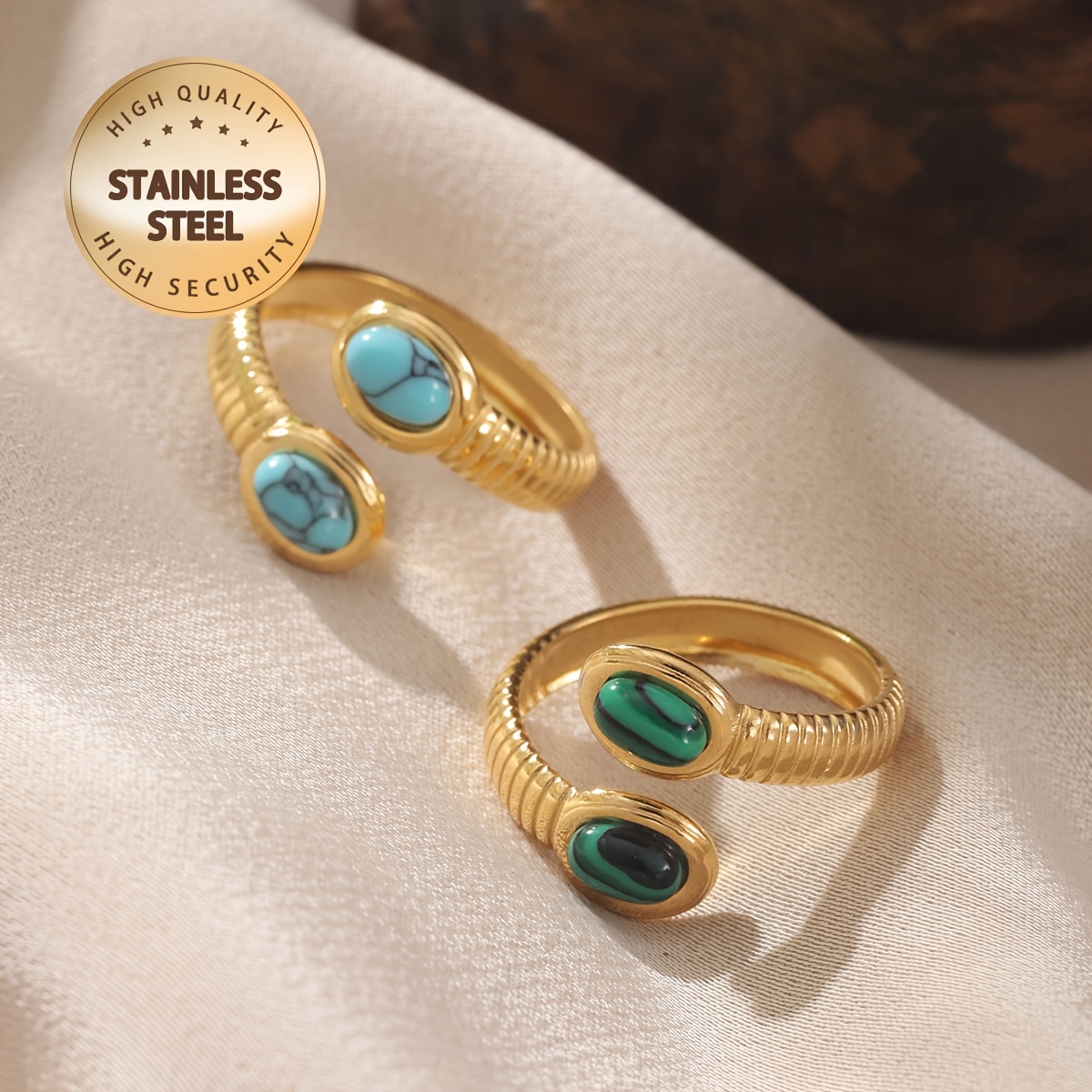 1 טבעת נירוסטה אורגנית עם נגיעות טורקיז - עיצוב רצועה מעוותת נוסח בוהו שיק, מושלם לחופשה וללבוש יומיומי - תכשיטי אופנה איכותיים לנשים, תכשיטי מתנה אופנתיים | סגנון בוהמי | נגיעות אקזוטיות