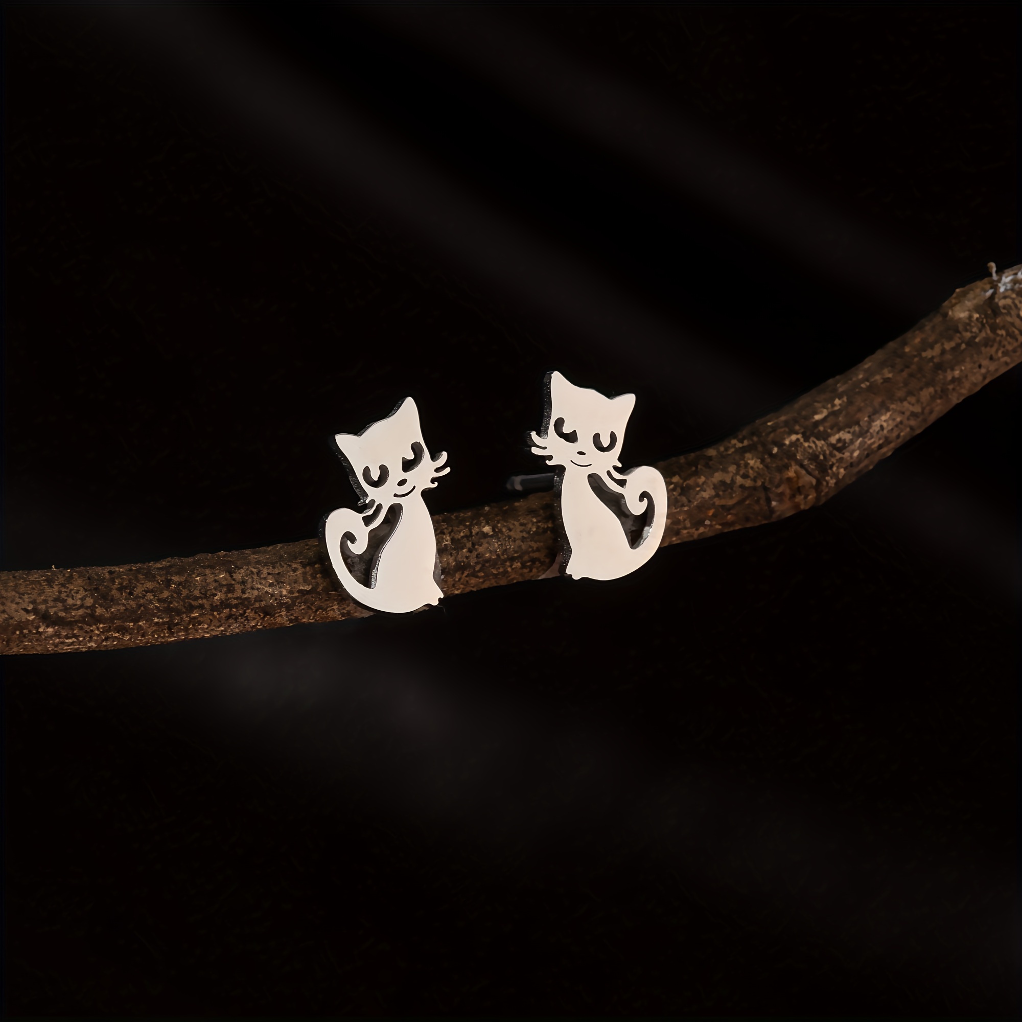 Image of 1 Pair Cute Cartoon Cat Small Stud Earrings, Stainless Steel Simple Pet Cat Ear Piercing Jewelry For Women