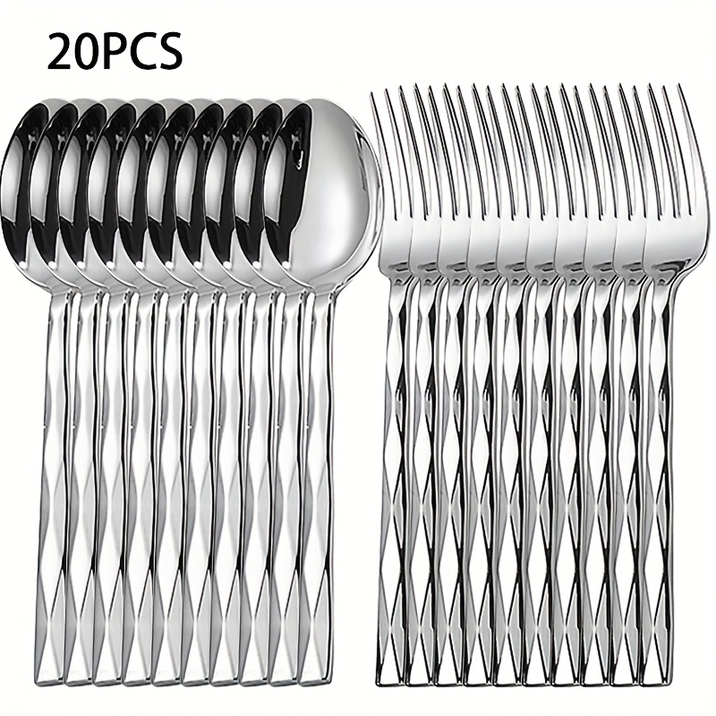 20pcs Luxury Silverware Set, Silvery/golden Salad Fork And Spoon Set, Elegant With Diamond Cut Pattern, Flat Tableware, Suitable For Banquets, Homes, Weddings, Dishwasher Safety