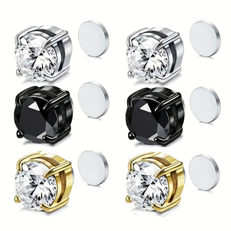 6pcs Mens Magnetic Clip On Earrings - 6mm Stainless Steel Non Piercing Stud Earrings