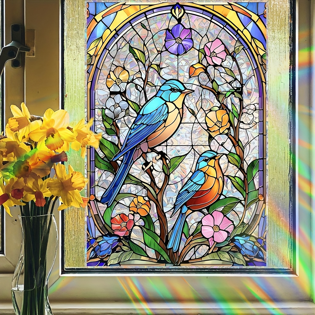TEMU 1pc 2 Birds Static Cling Window Film Sticker - Vibrant Floral & , Reusable Self-adhesive Vinyl Decal For Home Decor, Living Room, Bedroom, Glass