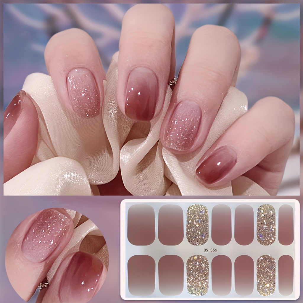 

14pcs Gel Nail Wraps - Waterproof, Needed, Colors With Glitter Accents For Women & Girls