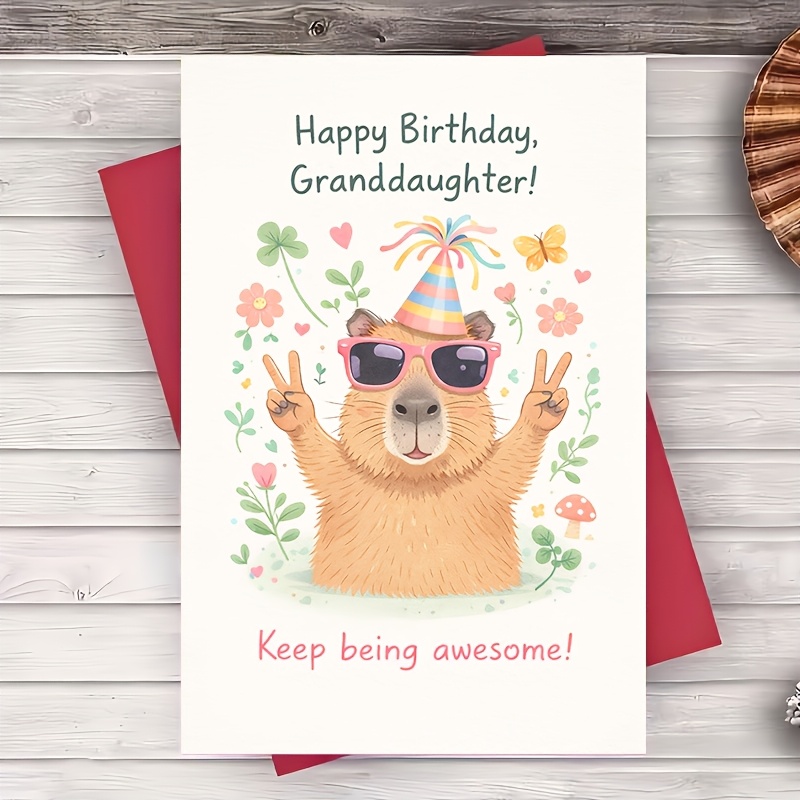 TEMU 1pc Greeting Card Granddaughter Birthday Greeting Card Cute Capybara Party Hat Peace Sign For Grandparents Celebration Gift Flat Card