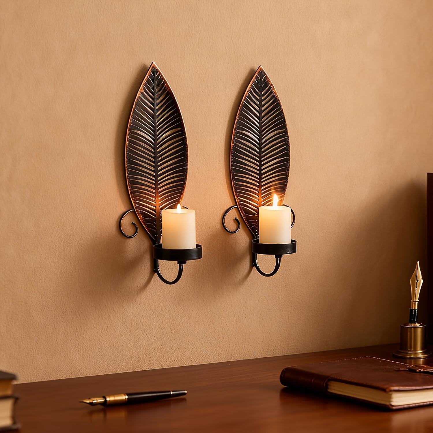 Image of 2pcs Rustic Wall Sconces Candle Holder Set With Leaf Design, Farmhouse Metal Sconces Wall Decor, Decorative Candle For Living Room, Bedroom, Hallway