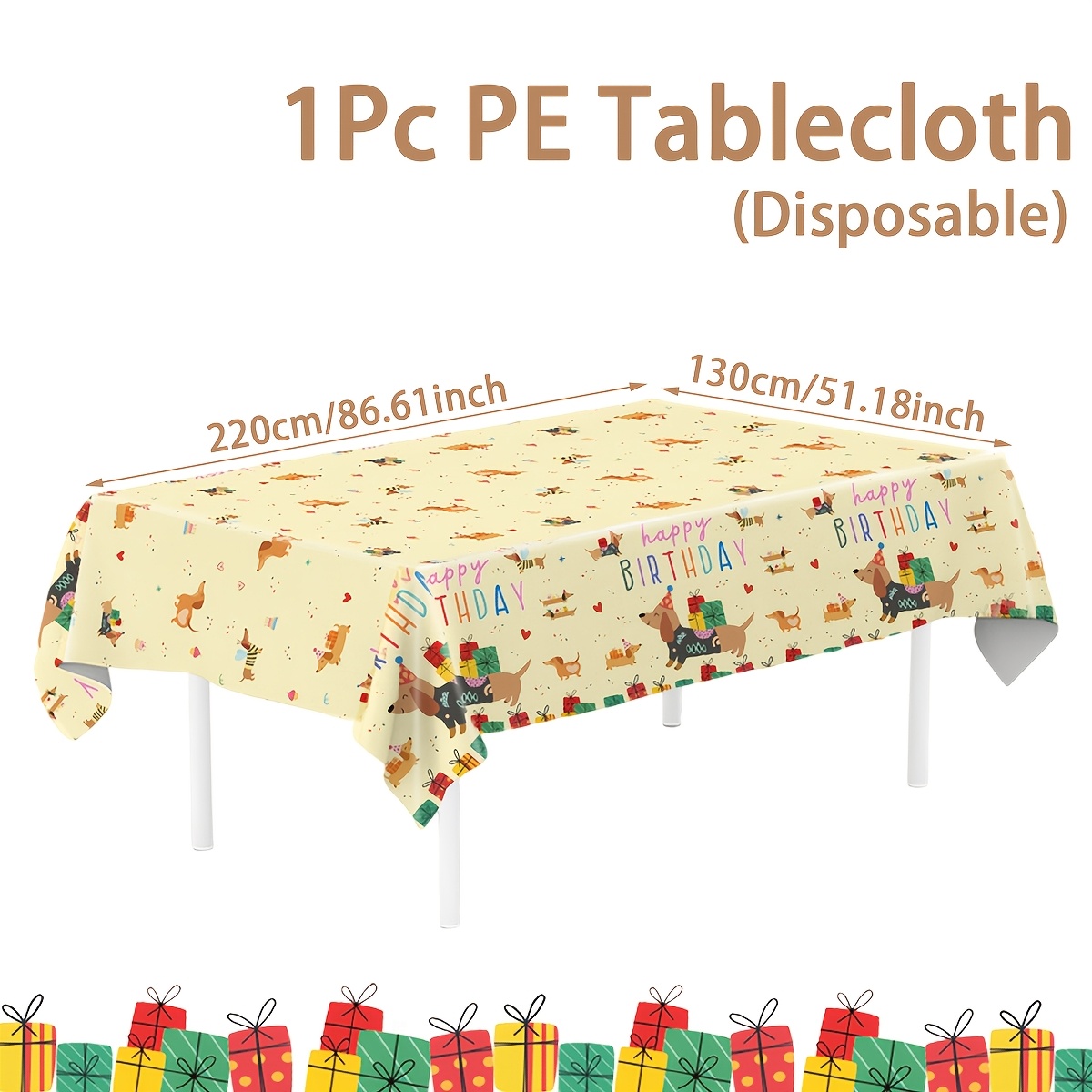 TEMU 1pc, Nappe d'anniversaire colorée pour teckel, 220*130Cm, Nappe jetable à motif de boîte cadeau pour teckel, Décoration de fête d'anniversaire,