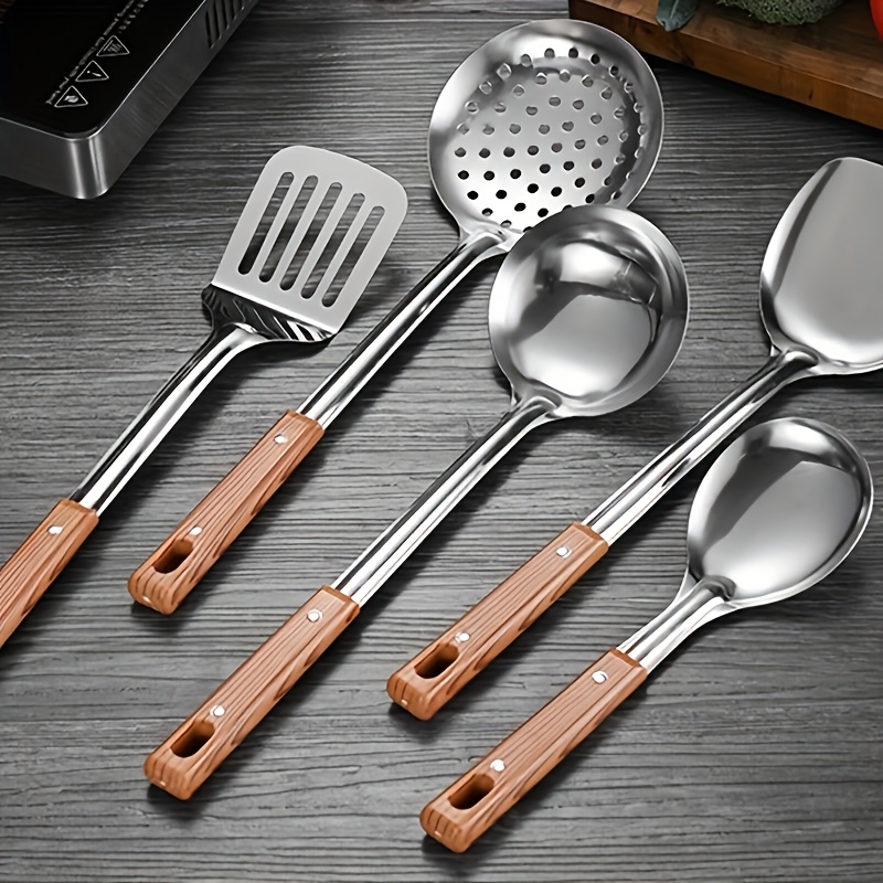 Juego de utensilios de cocina duraderos de acero inoxidable, 5 piezas/4 piezas, que incluye espátulas, cucharas, cucharones con ranuras y otros utensilios de cocina duraderos para uso doméstico y en restaurantes