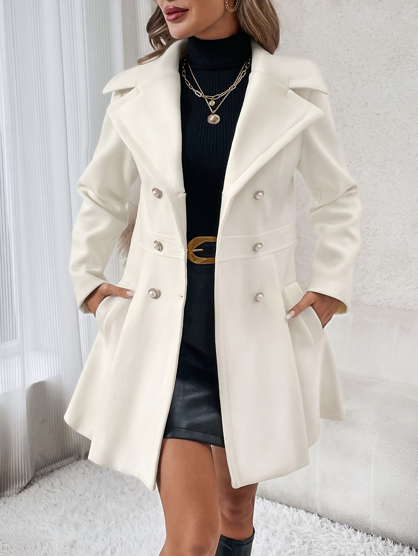 Double-breasted Flare Coat, Elegant Notched Collar Long Sleeve * For Fall &  Winter, Women's Clothing