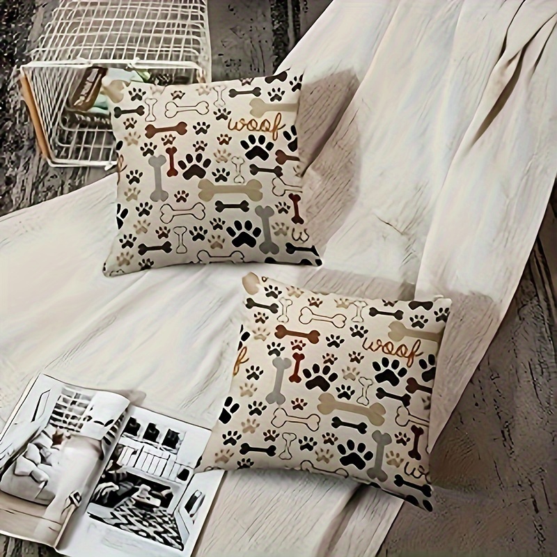 

2pcs Throw Pillow Covers Set - Dog Bone & Paw Design, , Zip Closure - Sofa, Bedroom Decor - 18x18 Inches (inserts Not Included)