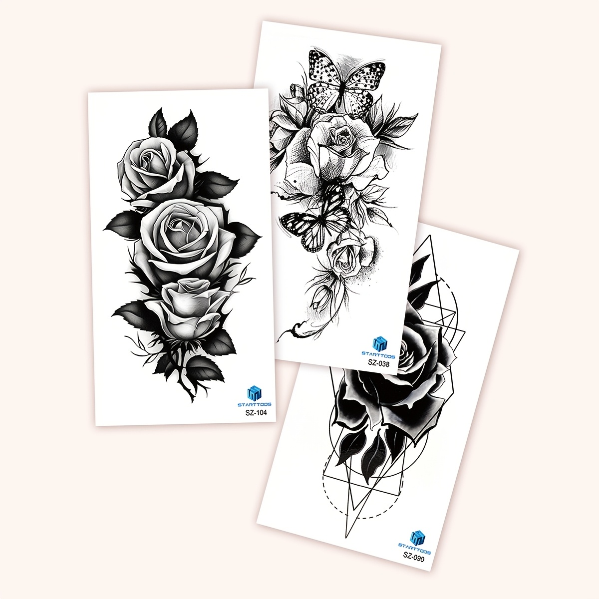 3pcs Black Pattern Holiday Gift Temporary Tattoo Stickers, Large Flower Arm, Chest, Abdomen, Back Body Waterproof Temporary Tattoos