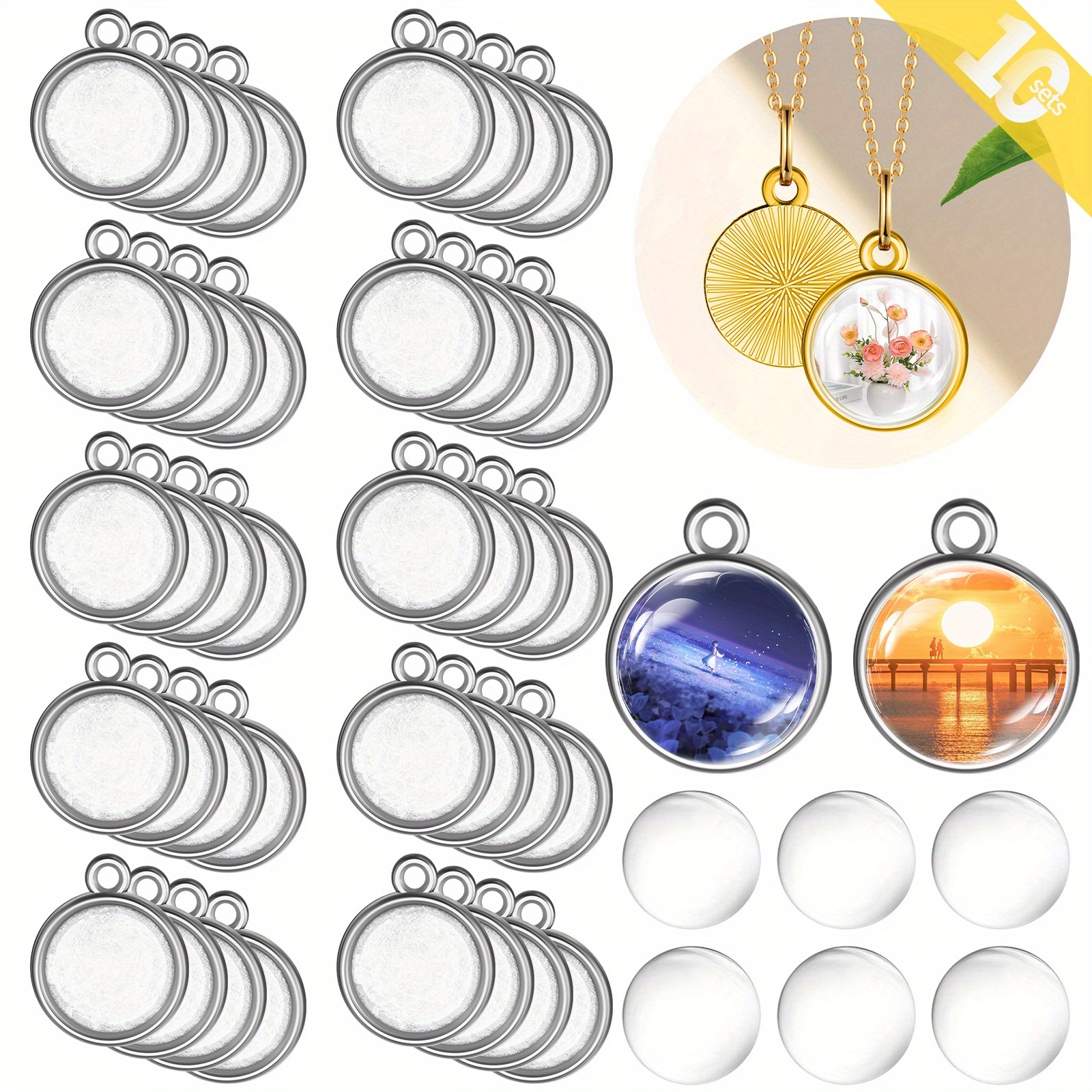 TEMU 20 pièces Plateaux Pendentifs avec 20 Cabochons en Verre Transparent de 0,5 Pouce/12mm pour Artisanat Résine et Bijoux (Doré, Argenté)