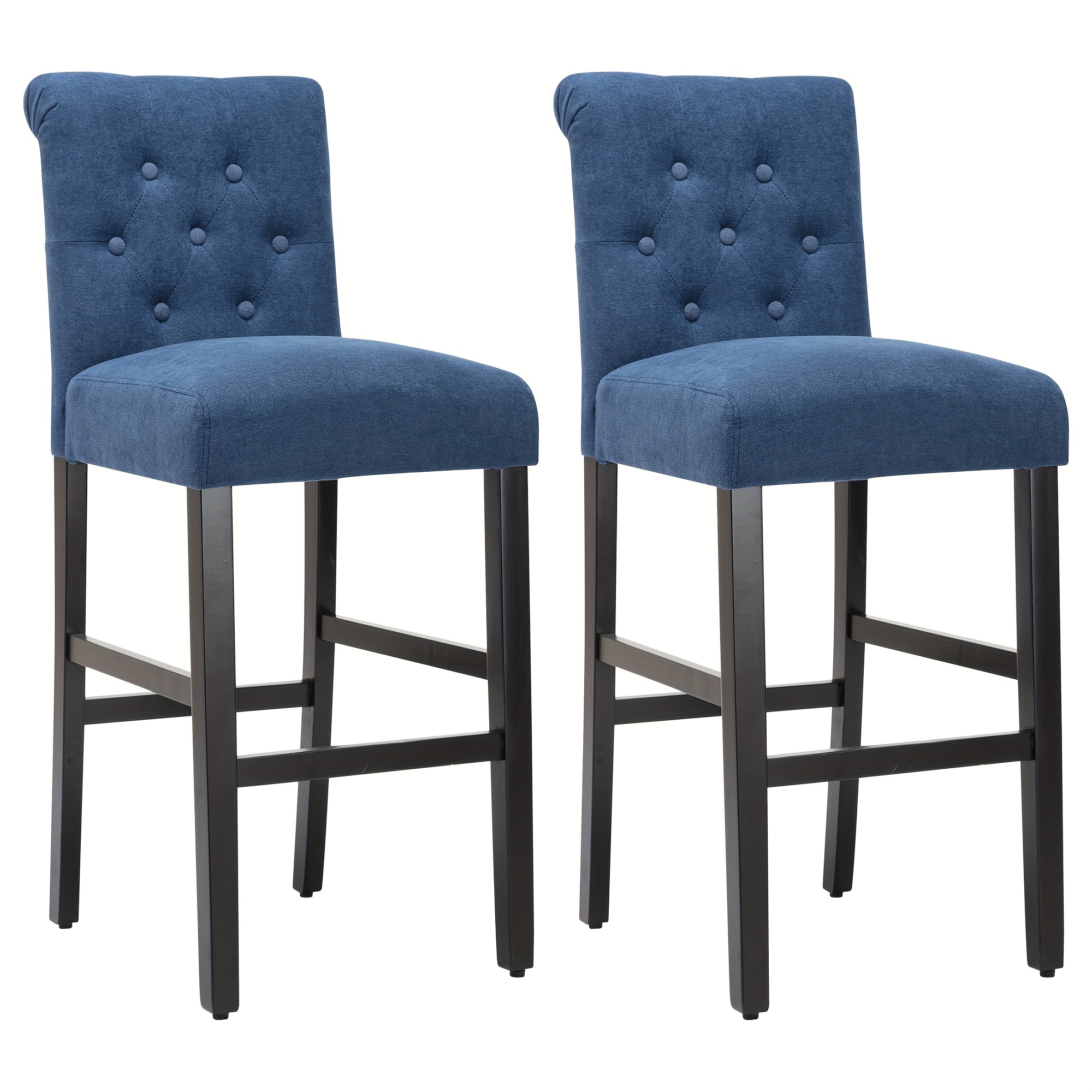

Modern Upholstered Fabric Bar Stools Set Of 2, 29 Inches Seat Height Counter Barstools, Kitchen Bar Chairs With Button Backrest And Wood Legs, Blue