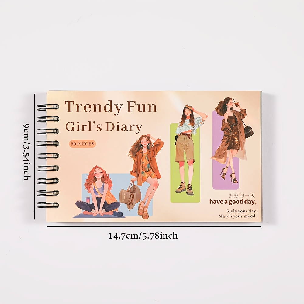 TEMU 1 Book Sticker, Pattern Rich Material Sticker Book, Girly Diary Pet Transparent Sticker Pack, Watercolor Fashion Outfit Long Hair Girl Character