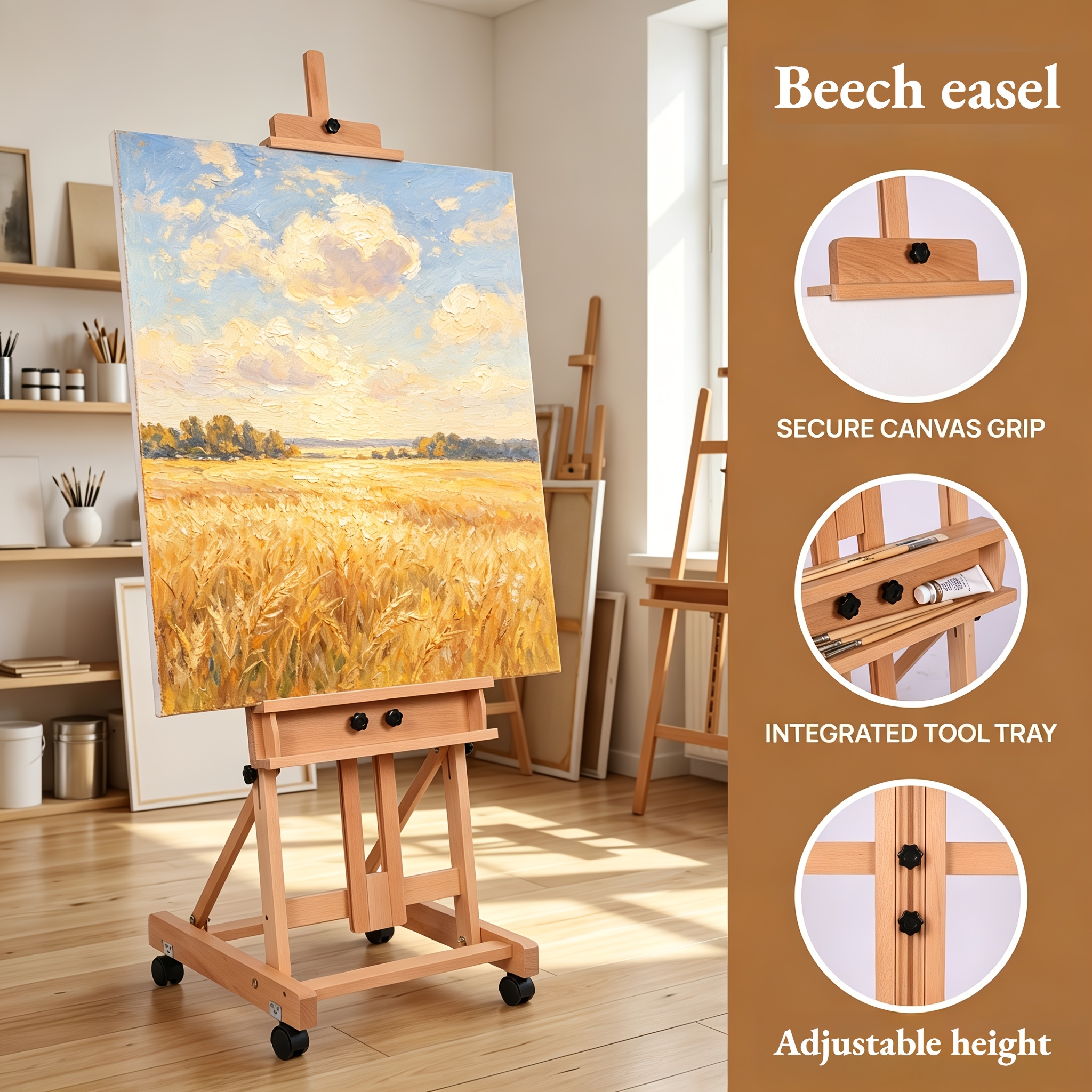 Image of Large H-style Easel, Height-adjustable (53-81 Inches), Constructed From Durable German Red Wood With -bearing Capacity, Featuring A Storage Tray And Supporting Canvases Up Inches - Natural Wood End