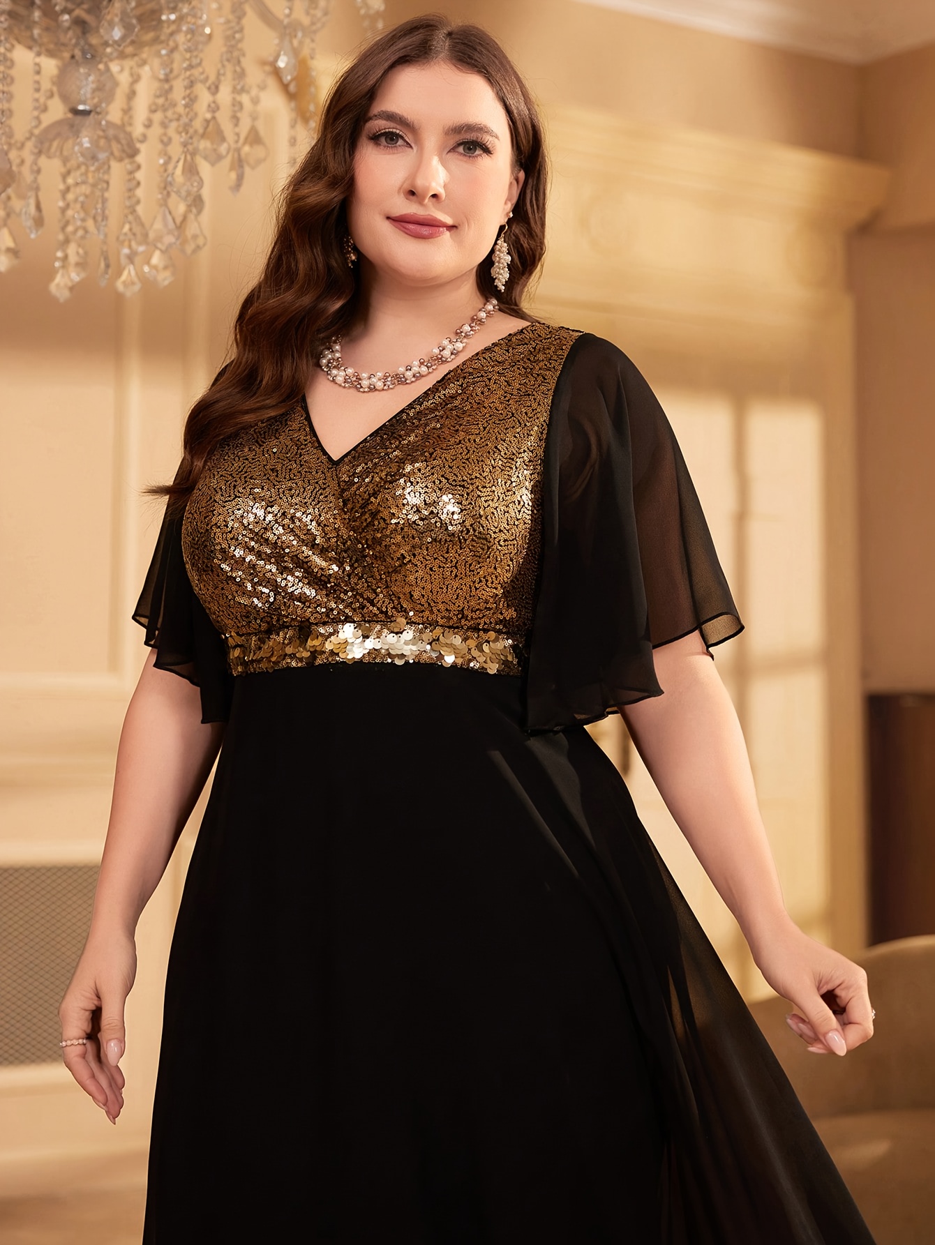 plus size elegant sequin v neck chiffon gown black golden - Temu Oman