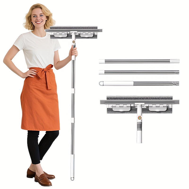 E-shop 2-in-1 Multifunktionaler Glasreiniger, 360° drehbarer Bürstenkopf, Schaber und Abzieher in einem, Trocken- und Nassgebrauch, Edelstahlgriff,