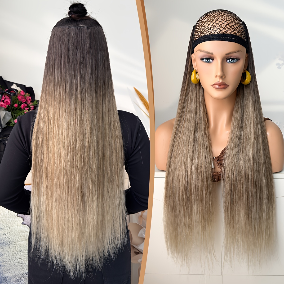 TEMU 5 Clip Straight Hair Extensions Gradient Brown 28 Inch Long Straight Heat-resistant Fiber Synthetic Wig, Suitable For Women's Christmas,
