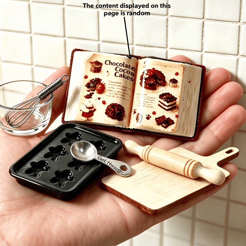 TEMU 1 Set/7pcs Mini Baking Tools - 1:12 Scale Miniature Whisk, Baking Pan, Baking Book (style Random), Rolling Pin, , Suitable For Dollhouse