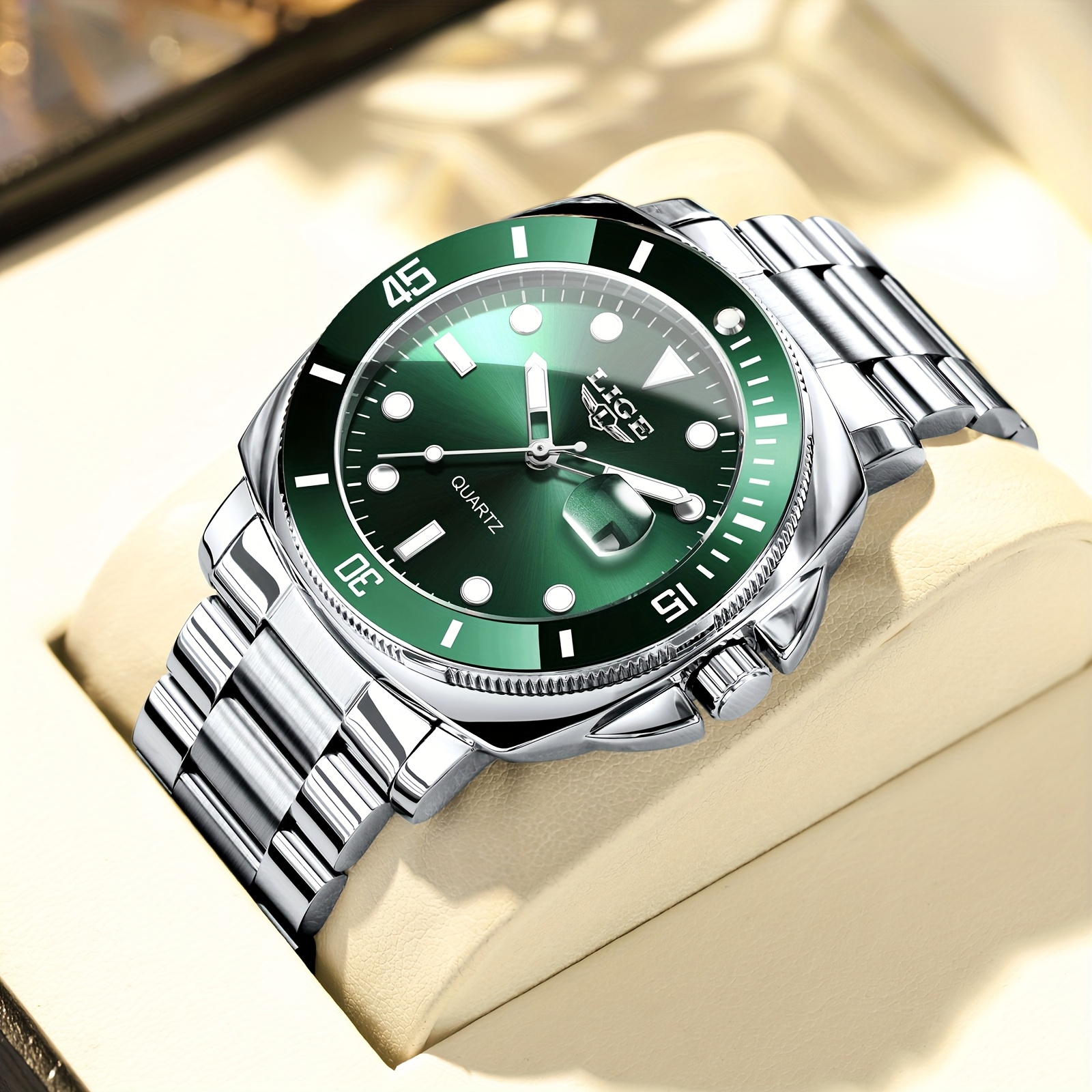   mens quartz watch elegant green dial with date calendar stainless   case   for business casual wear durable non rechargeable battery ideal for holidays special occasions business casual watch elegant watch design quartz movement
