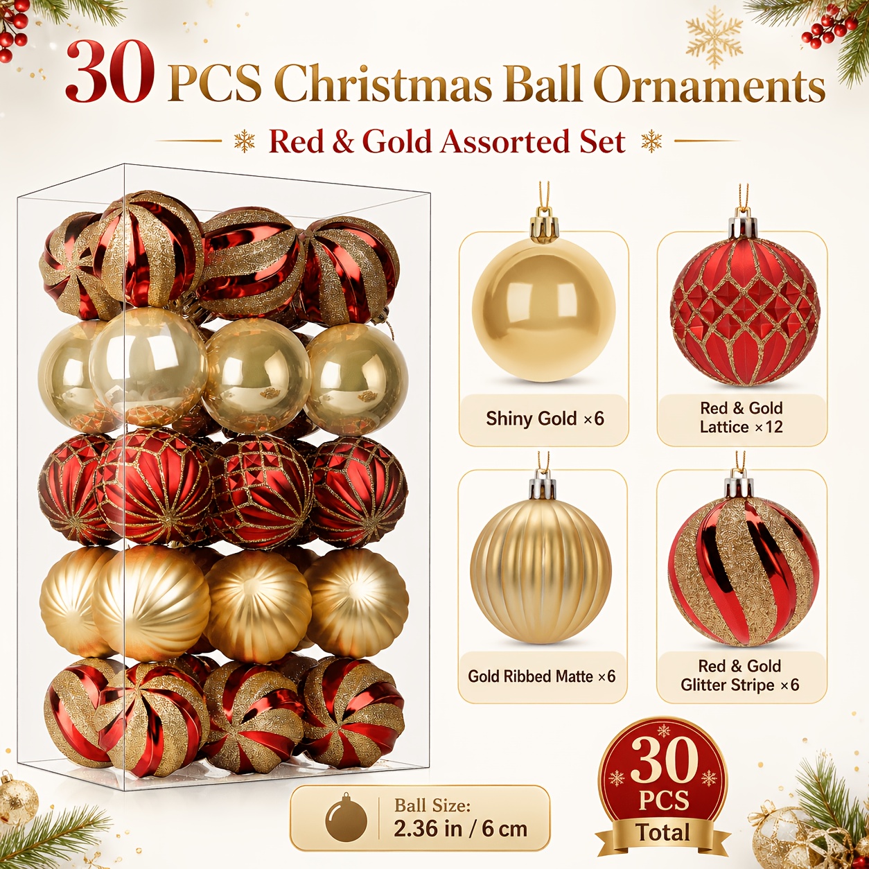 TEMU 30ct 2.36 Inch Christmas Tree Balls Ornaments, Colored Shatterproof Plastic Decorative Baubles Decorations For Xmas Tree Decor Holiday Party