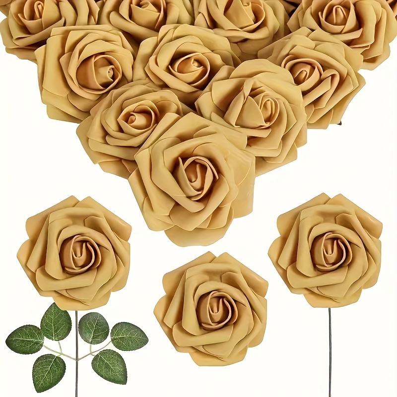 

25 Golden Artificial Roses - Perfect For Diy Wedding Bouquets, Engagement Gifts, Bachelor Party Decorations, And Anniversary Celebrations - Made Of High-quality Pvc Material