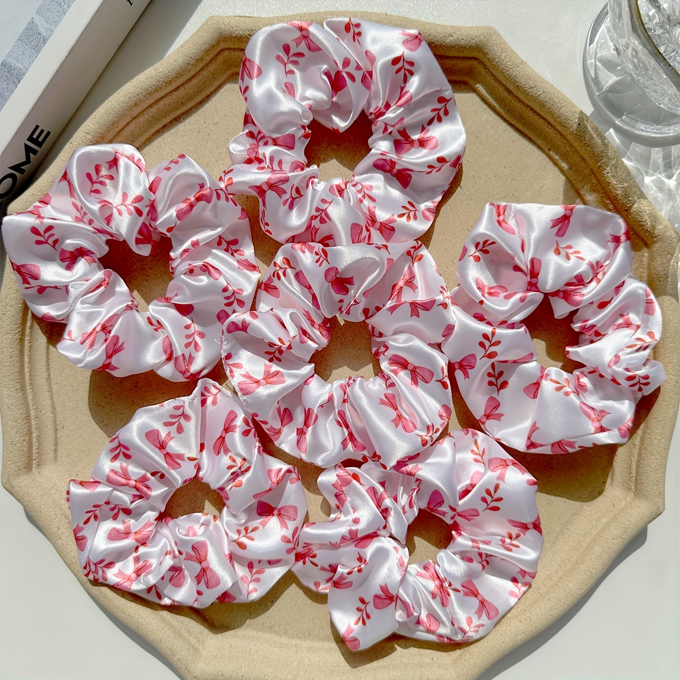 6pcs Pink Cherry Bow Color Block Print Large Donut Hair Ties Set