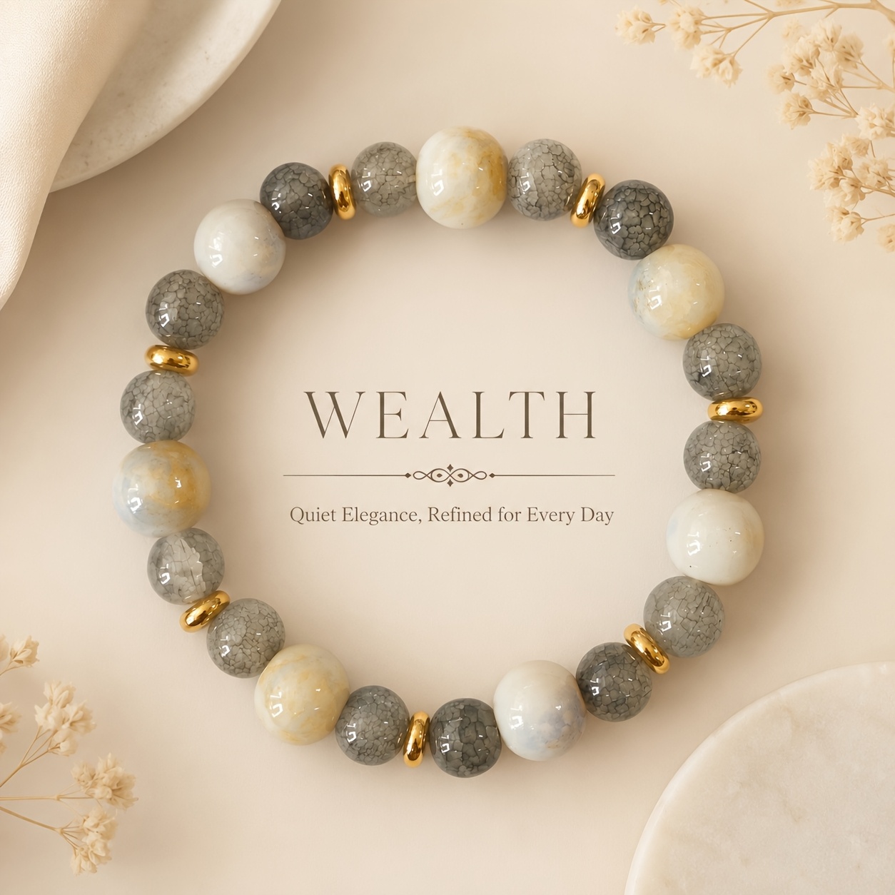 TEMU 1pc Premium Round Bead Bracelet With Contrasting Gray-white Round Beads, Attracts Wealth And , Niche Design, Forest-inspired , Versatile And