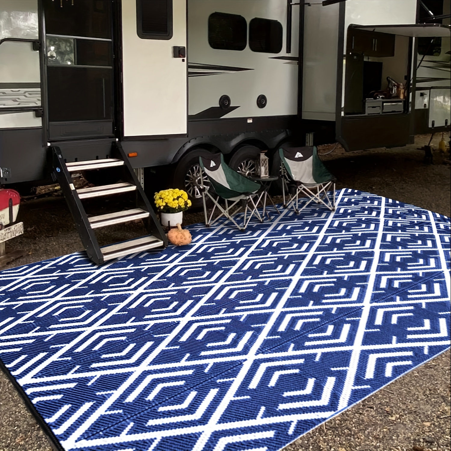 

Reversible Outdoor Rug, Blue And White Geometric Maze Pattern, 8x10ft, Lightweight And Foldable, With Carrier Bag And Rug Stakes, Ideal For Patio, Camping, And Garden Decor