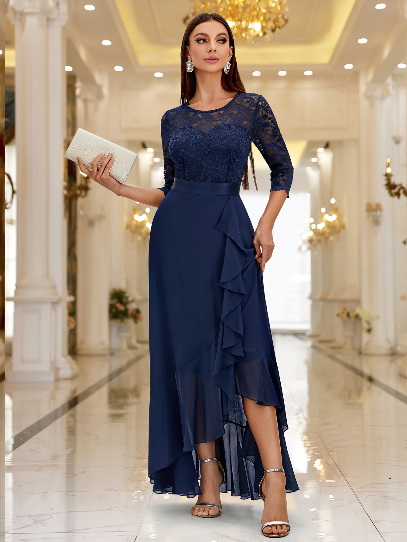 three quarter sleeve bridesmaid dresses Ladivine CC446 Three Quarter Sleeve Beaded Chiffon Dress, Peacock / 12 main image 0