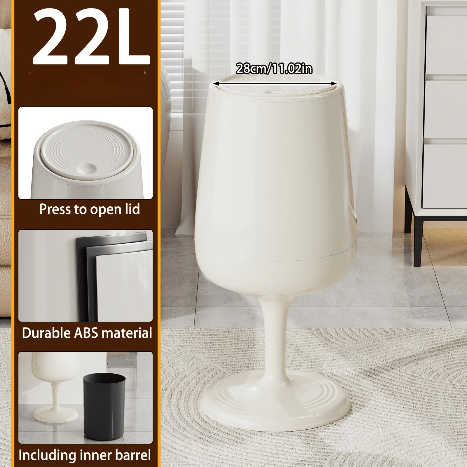 Image of 22l Goblet-shaped Trash Can With Press-top Lid And Removable Inner Bucket, Decorative Pedestal Waste Bin For Kitchen, Bathroom, Bedroom And Office