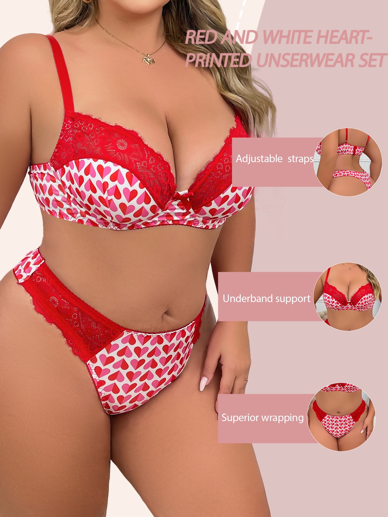 2pcs Plus Size Fashion Heart Print Sexy Lingerie Set