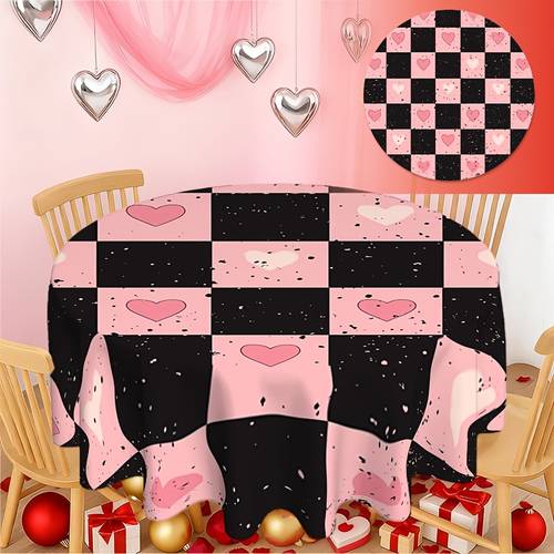 1pc heart checkered valentines day round tablecloth home decoration festive pattern wedding dining picnic decor pzvfx1231022