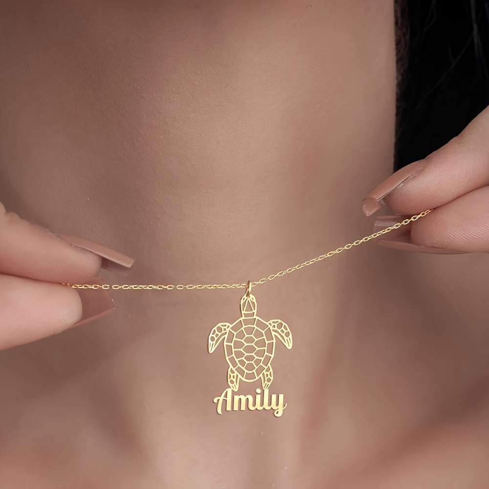 TEMU [customized] Personalized Stainless Steel Golden Hollow Turtle Pendant Necklace, Turtle Name Necklace, Custom Jewelry Gift, Birthday Gift,