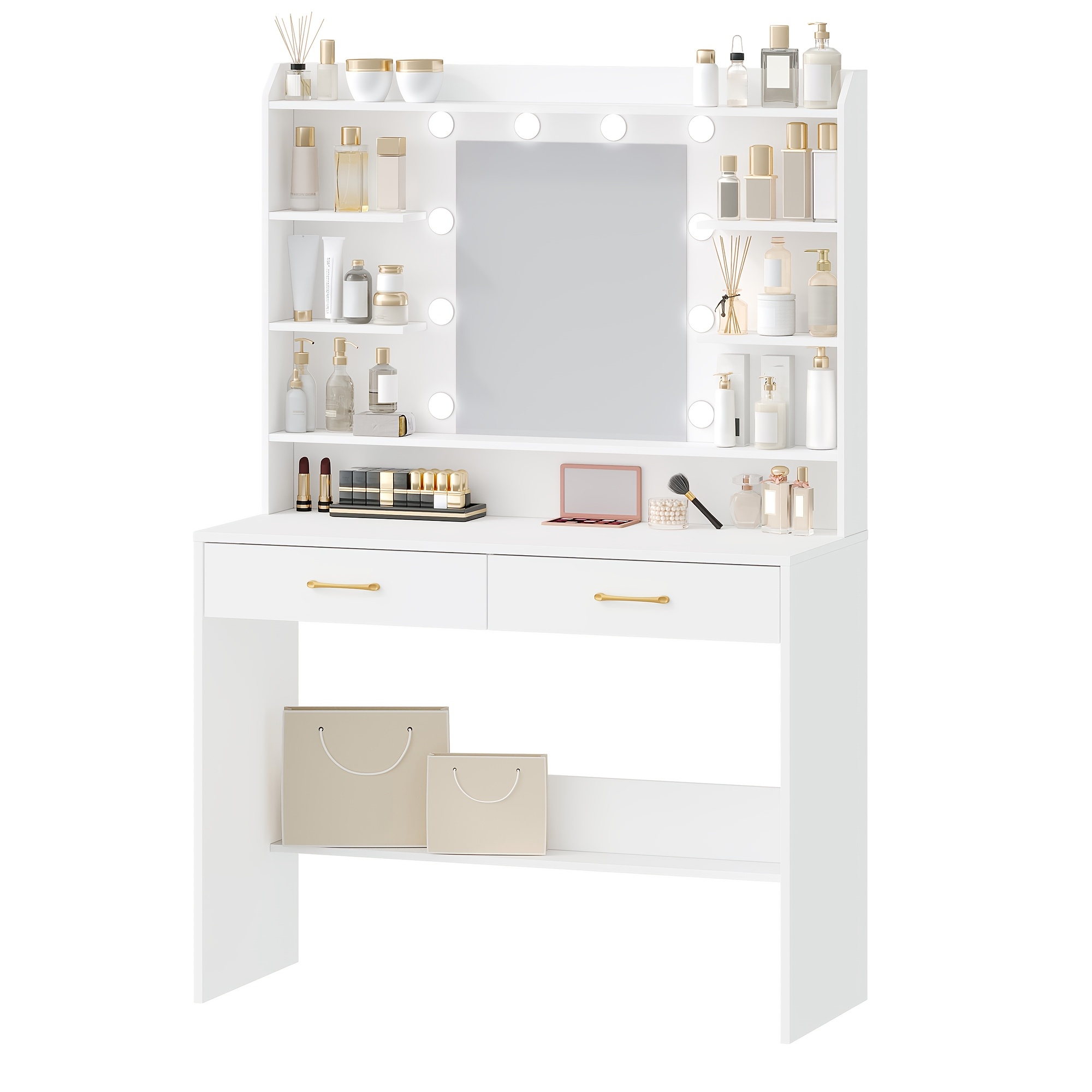 Vanity Table Featuring A Mirror, Equipped With Shelves And 2 Drawers, Suitable For The Bedroom Or Living Room, With Adjustable Brightness, In
